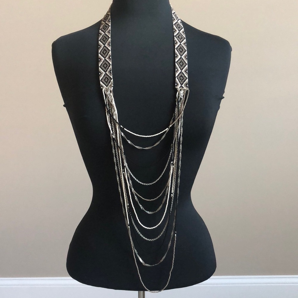 Multi-strand bead and metal necklace